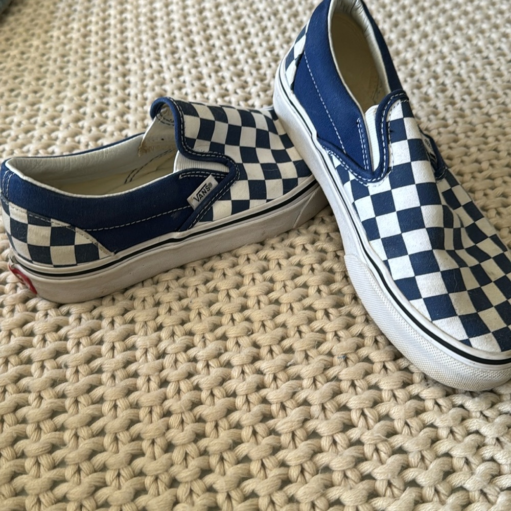 Blue/white checkered slip on vans
